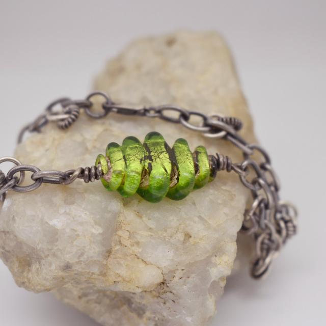 Lime Green Artisan Glass Lampwork and Sterling Silver Link Bracelet